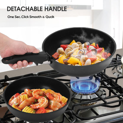20 Piece Ceramic Pots and Pans Set Non Stick, Cookware Set with Detachable Handles, Oven Safe, Induction Ready, Stackable RV Kitchen Cooking Set, Black