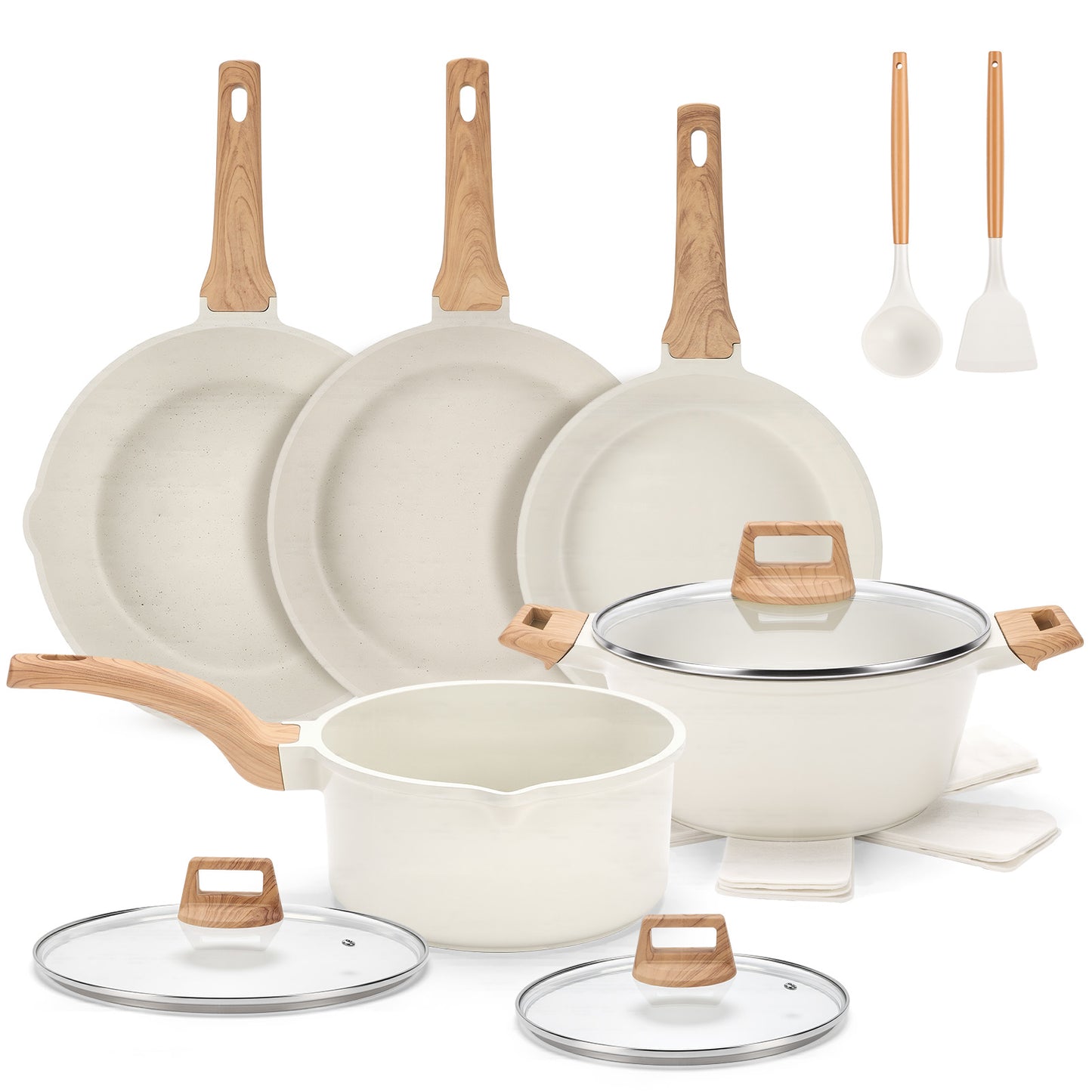 Ceramic Nonstick Pots and Pans Set, 14Pcs Healthy Non Stick Cookware Set with Pots Protectors, Induction Kitchen Cookware Sets White