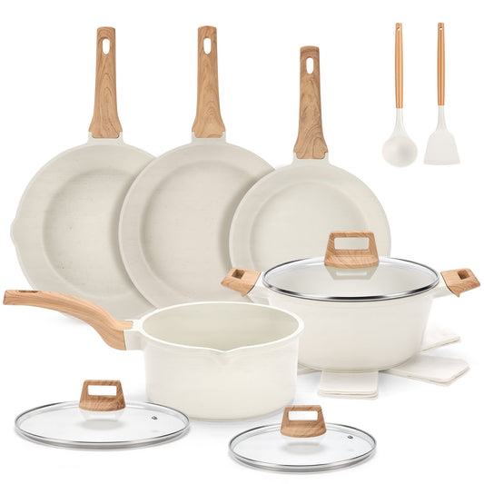 Ceramic Nonstick Pots and Pans Set, 14Pcs Healthy Non Stick Cookware Set with Pots Protectors, Induction Kitchen Cookware Sets White