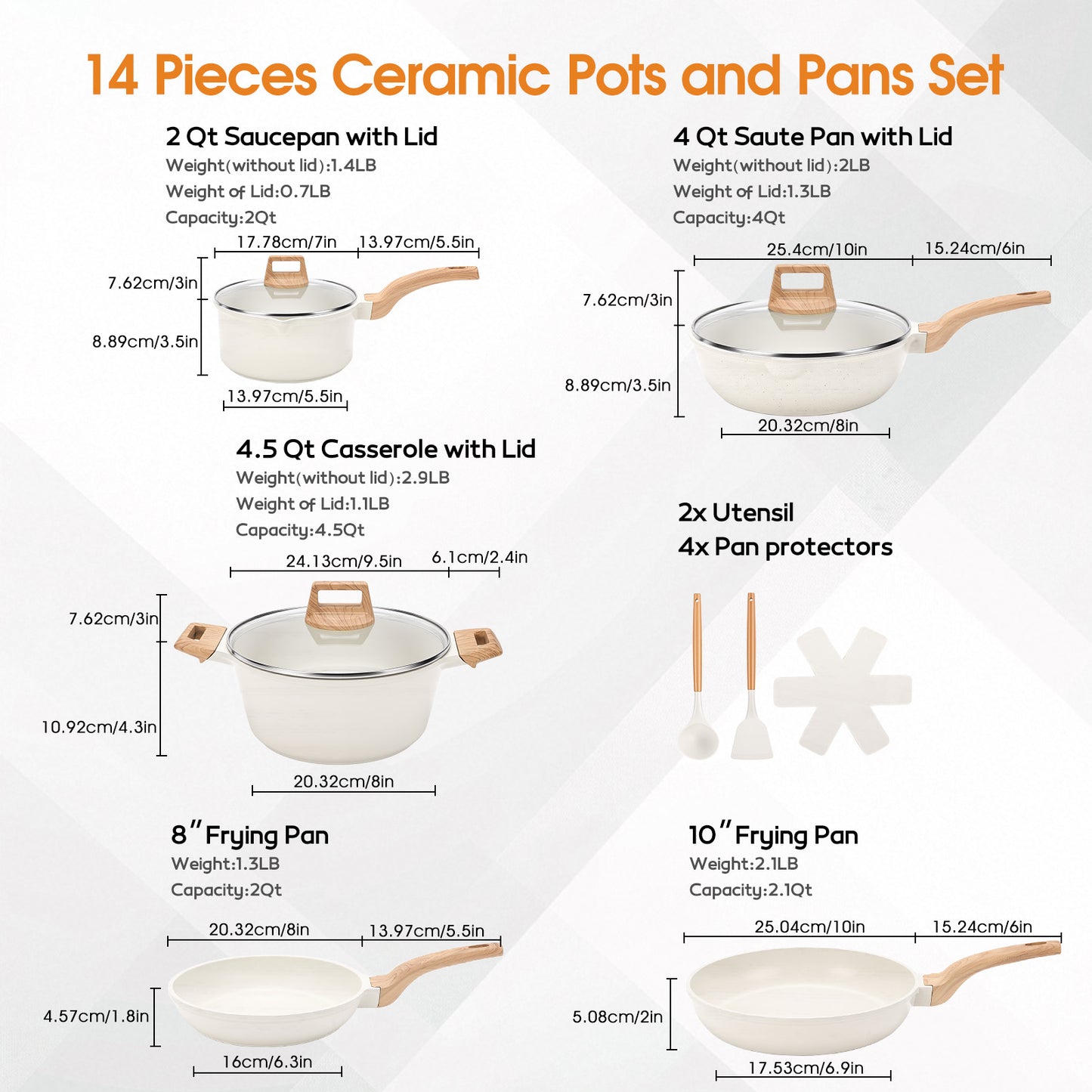 Ceramic Nonstick Pots and Pans Set, 14Pcs Healthy Non Stick Cookware Set with Pots Protectors, Induction Kitchen Cookware Sets White