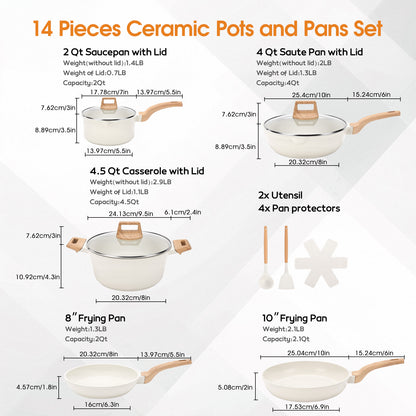 Ceramic Nonstick Pots and Pans Set, 14Pcs Healthy Non Stick Cookware Set with Pots Protectors, Induction Kitchen Cookware Sets White