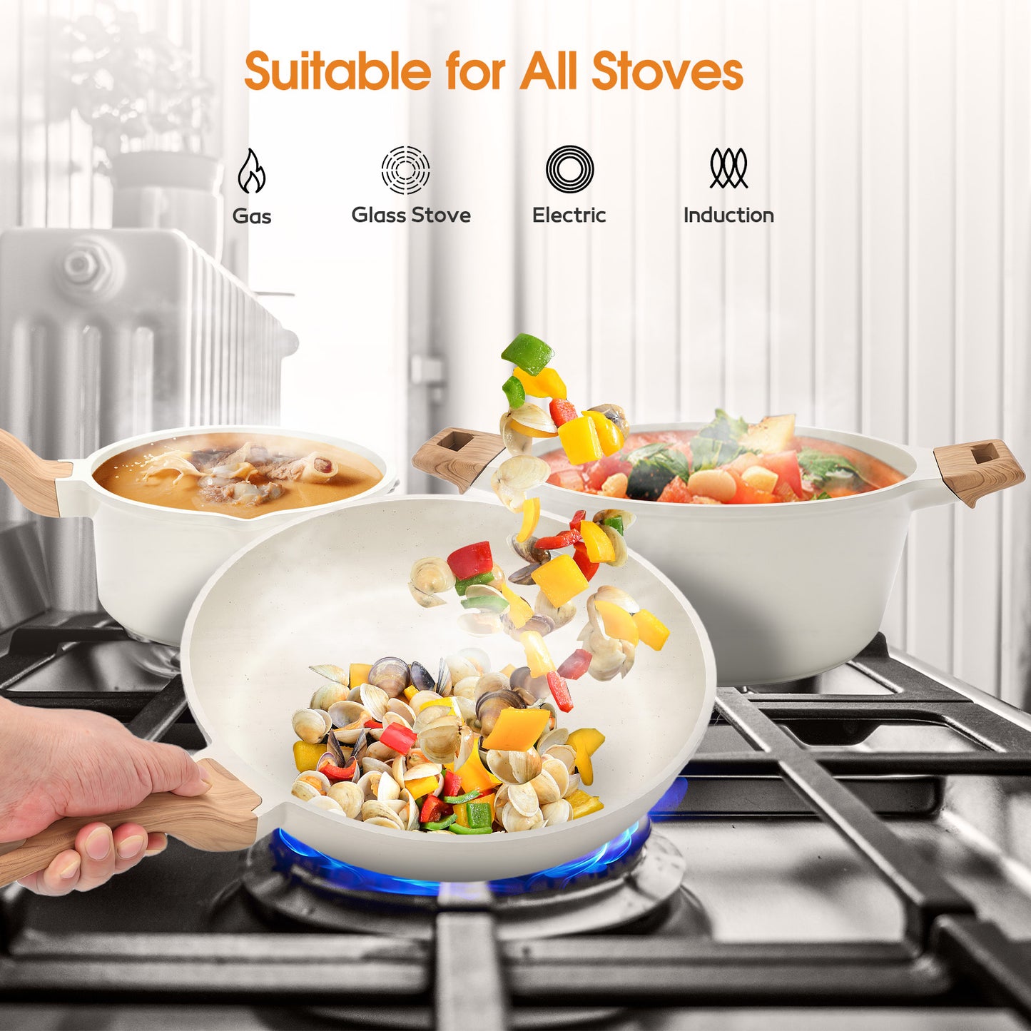 Ceramic Nonstick Pots and Pans Set, 14Pcs Healthy Non Stick Cookware Set with Pots Protectors, Induction Kitchen Cookware Sets White