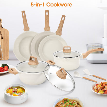 Ceramic Nonstick Pots and Pans Set, 14Pcs Healthy Non Stick Cookware Set with Pots Protectors, Induction Kitchen Cookware Sets White