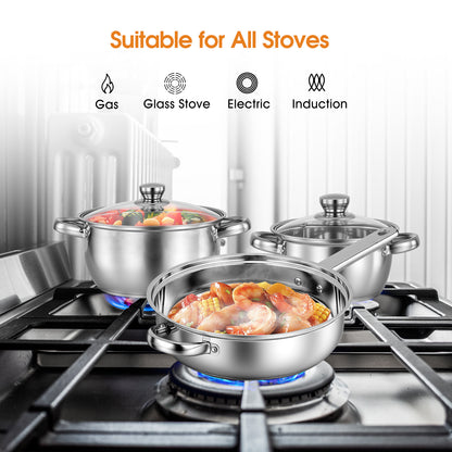 15 PCS Stainless Steel Cookware Set, Pots and Pans Set with Glass Lids, Kitchen Induction Cookware with Utensil Sets For Oven & Dishwasher ,Heavy Premium Kitchen Cooking