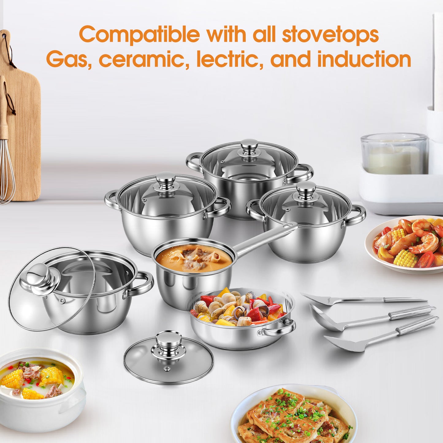 15 PCS Stainless Steel Cookware Set, Pots and Pans Set with Glass Lids, Kitchen Induction Cookware with Utensil Sets For Oven & Dishwasher ,Heavy Premium Kitchen Cooking