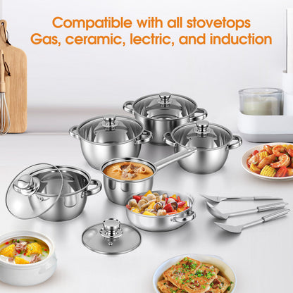 15 PCS Stainless Steel Cookware Set, Pots and Pans Set with Glass Lids, Kitchen Induction Cookware with Utensil Sets For Oven & Dishwasher ,Heavy Premium Kitchen Cooking