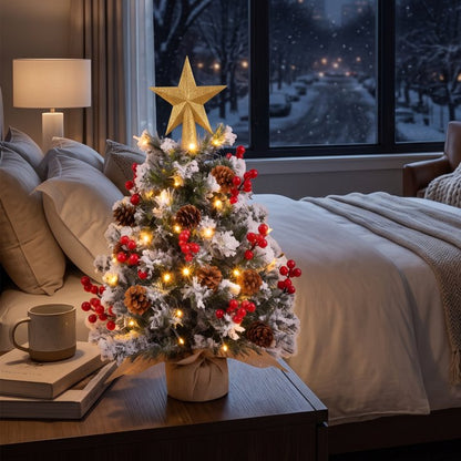 22 inch Tabletop Christmas Tree with Lights, Snowy Artificial Small Christmas Trees Battery Operated 30 Warm Lights Red Berries Pine Cone Stable Base Mini Tree Xmas Decorations Indoor Holiday
