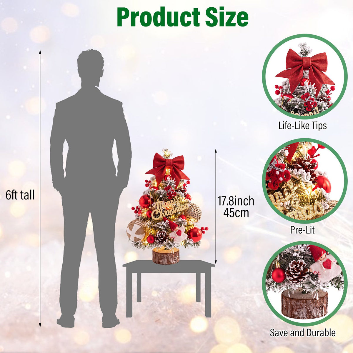 45cm Snow Flocked Mini Xmas Tree with Lights/Base Pinecones Red Berries Artificial Tabletop Xmas Tree for Festive Home Decor Red