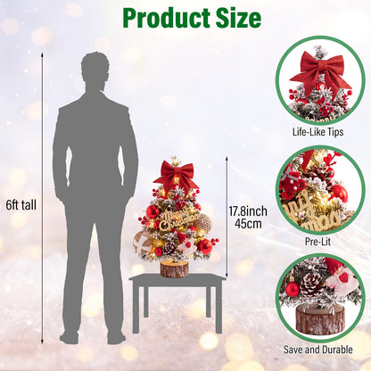 45cm Snow Flocked Mini Xmas Tree with Lights/Base Pinecones Red Berries Artificial Tabletop Xmas Tree for Festive Home Decor Red
