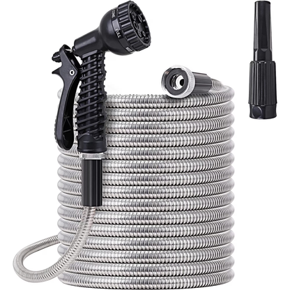 100 FT Garden Hose ,304 Stainless Steel Heavy Duty Water Hose with 7 Function Nozzles No-Kink Rust Proof for Yard Outdoor