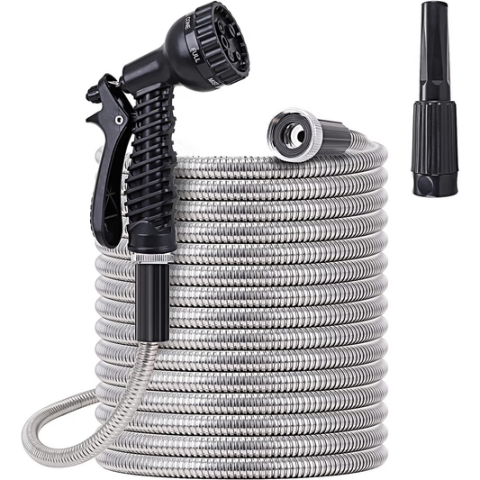 100 FT Garden Hose ,304 Stainless Steel Heavy Duty Water Hose with 7 Function Nozzles No-Kink Rust Proof for Yard Outdoor