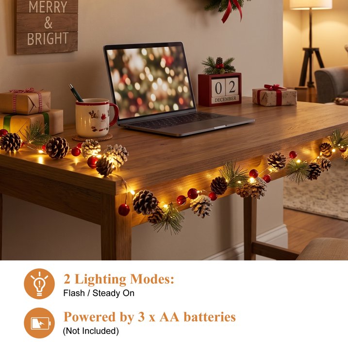 9.8ft Christmas Garland with Lights, 30 LED Red Berry Pine Cone Garland Lights Battery Operated, LED Garland String Lights, Indoor Outdoor Christmas Decorations for Home Garland Fireplace Decor