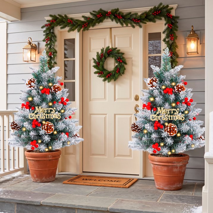 Set of 2 Pathway Christmas Tree Urn Filler, Pre-lit Artificial Small Xmas Tree with Cones & Red Berries, 60 Warm Lights Outdoor Christmas Porch Decorations for Gardens, Porch & Yard