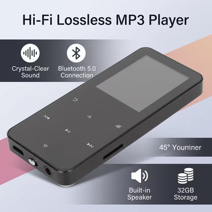 Portable MP3 Player, with Bluetooth 5.0, 32GB Music Player with Built-in HD Loudspeaker, HiFi Lossless Sound, E-Book Reader, Earphone include, Voice Recorder