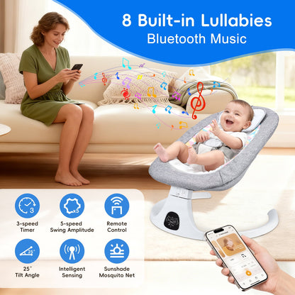Baby Swing with Bluetooth Remote Control, 5 Speed Gentle Sway 3 Timers, Portable Infant Swing, 0-12M Babies, 26lbs, Gray