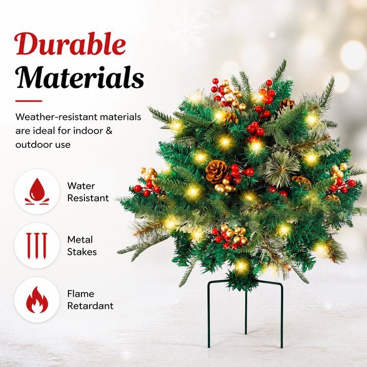 2 Pack Pathway Christmas Tree, Battery Operated Pre-Lit Artificial Small Xmas Tree Urn Filler w/LED Lights Berries and Pine Cones Ornaments for Porch, Driveway, Yard Festival Holiday Decorations