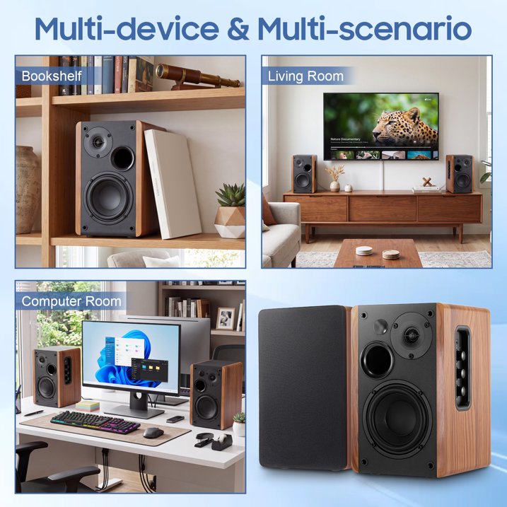 80W Powered Bookshelf Speakers, Bluetooth 5.3 HiFi Wireless Speaker with 4 inch Woofer, AUX/USB/Optical Inputs, Remote Control, Bass & Treble Adjust, Wooden Enclosure for PC TV Gaming Turntable