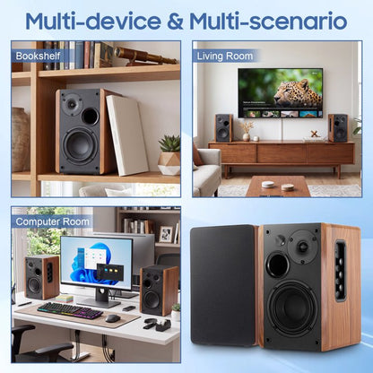 80W Powered Bookshelf Speakers, Bluetooth 5.3 HiFi Wireless Speaker with 4 inch Woofer, AUX/USB/Optical Inputs, Remote Control, Bass & Treble Adjust, Wooden Enclosure for PC TV Gaming Turntable