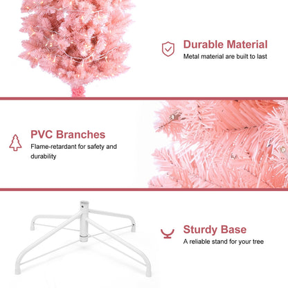 7ft Flocked Pink Pencil Christmas Tree, Pre-Lit Slim Artificial Holiday Decoration, Lighted Skinny w/Base, Warm White Lights