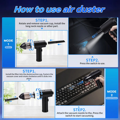 Compressed Air Duster 51000RPM 3 Gear Adjustable Multi-use Electric Duster with LED Light Portable Cordless Air Blower for PC Keyboard Cleaning Car Dusters No Canned Cleaner for Home Office, Black