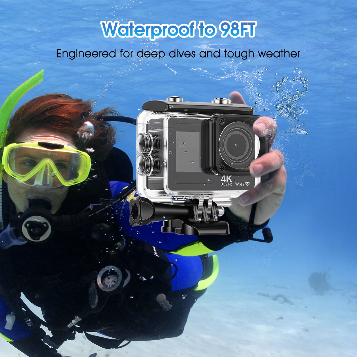 4K 30fps 16MP Action Camera with Front LCD and Rear Screens, Underwater Camera, 98FT Waterproof Sports Camera with 2 Batteries and Multi-Function Accessory, EIS, WiFi Remote Control, Black