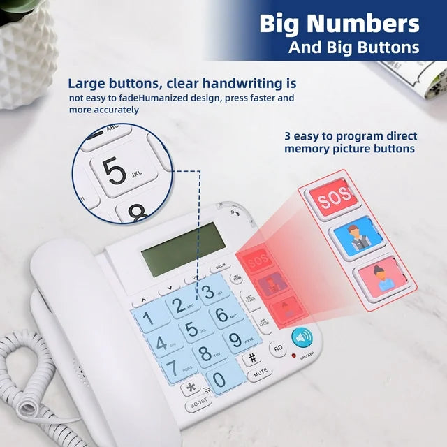 Large Key Wired Telephone, Dual Interface Wired Landline Phones with Caller ID/Hands-Free for Office, Big Button Corded Phones for Seniors, 3 Group One-Touch Dialing, Adjustable Volume & Ringing