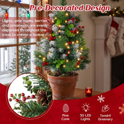 2 Pack 24inch Pre-Lit Pathway Christmas Trees Urn Filler, Artificial Mini Xmas Trees with Tripod Stake, 30 LED Lights & Timer, Battery Powered Outdoor Light Up Planter Filler Festival Holiday Decor