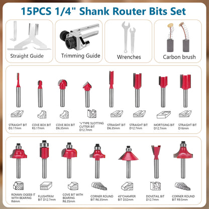 Compact Wood Router, 6 Amp 30000 RPM Palm Router Tool with 15-Piece 1/4" Router Bits Set & Accessories for Wood Trimming, DIY