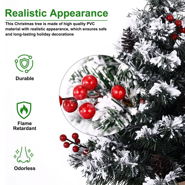 22 inch Tabletop Christmas Tree with Lights, Snowy Artificial Small Christmas Trees Battery Operated 30 Warm Lights Red Berries Pine Cone Stable Base Mini Tree Xmas Decorations Indoor Holiday