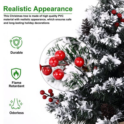 22 inch Tabletop Christmas Tree with Lights, Snowy Artificial Small Christmas Trees Battery Operated 30 Warm Lights Red Berries Pine Cone Stable Base Mini Tree Xmas Decorations Indoor Holiday