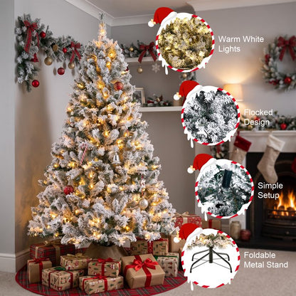 6ft Artificial Xmas Tree Realistic Reusable Snow Flocked Xmas Pine Tree with Dense Branches Metal Base for Holiday Decor Lights