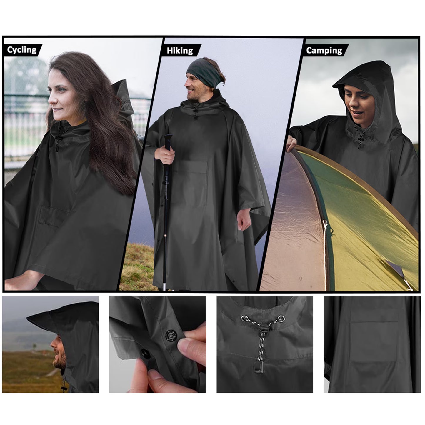 Hooded Rain Poncho for Adult with Pocket,Waterproof Lightweight Raincoat for Unisex Hiking Camping,Black