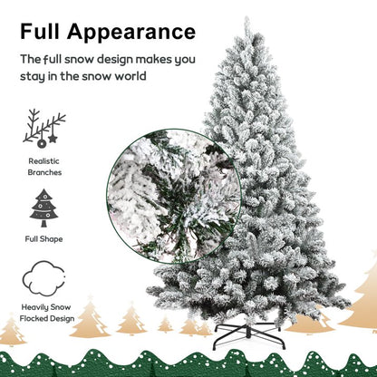 7FT Artificial Snow Flocked Christmas Tree, Unlit Artificial Christmas Pine Tree with 800 Branch Snow Tips and Metal Stand, Holiday Xmas Pine Tree for Indoor Outdoor Home Office Party Decoration