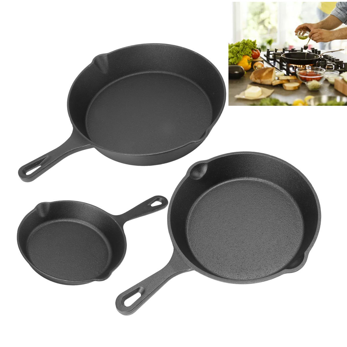 Cast Iron Skillet Set, 3-Piece Pre-Seasoned Pan Cookware Set, 10", 8", 6" Frying Pans with Handles, Heavy-Duty Cookware Set with Non-Stick Surface For Saute, Cooking, Pizza