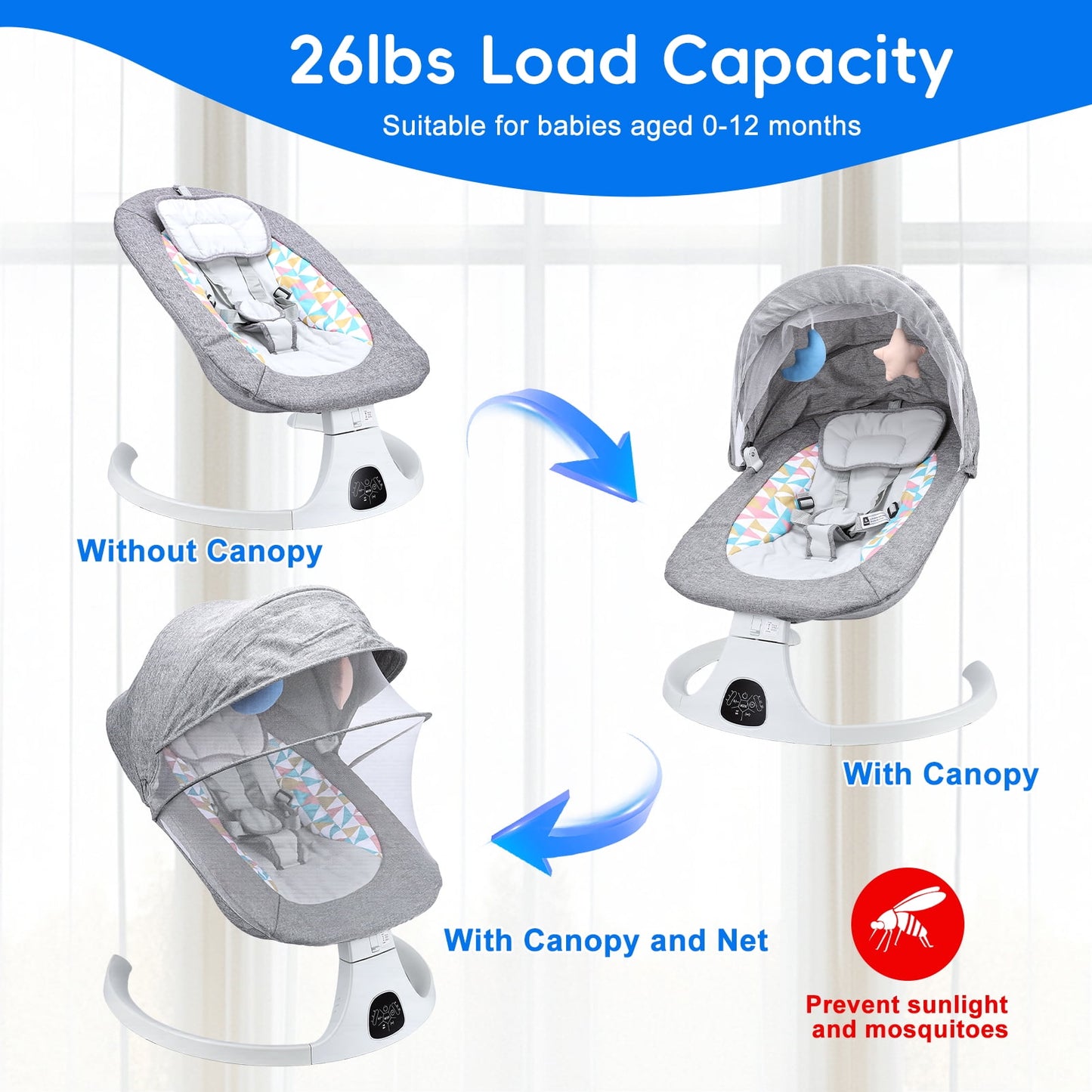 Baby Swing with Bluetooth Remote Control, 5 Speed Gentle Sway 3 Timers, Portable Infant Swing, 0-12M Babies, 26lbs, Gray