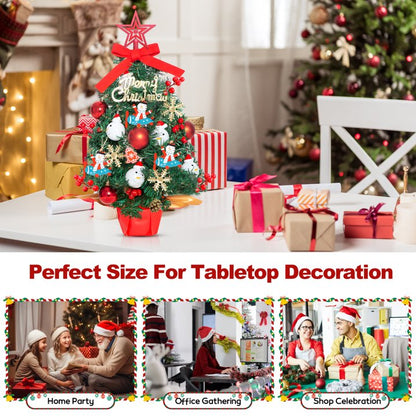 24" Mini Christmas Tree with LED Snowman Globe String Lights/Pine Cones Xmas Balls, Tabletop Christmas Tree with 36 Ornaments, Small Artificial Xmas Spruce Tree for Holiday Indoor Christmas Decor