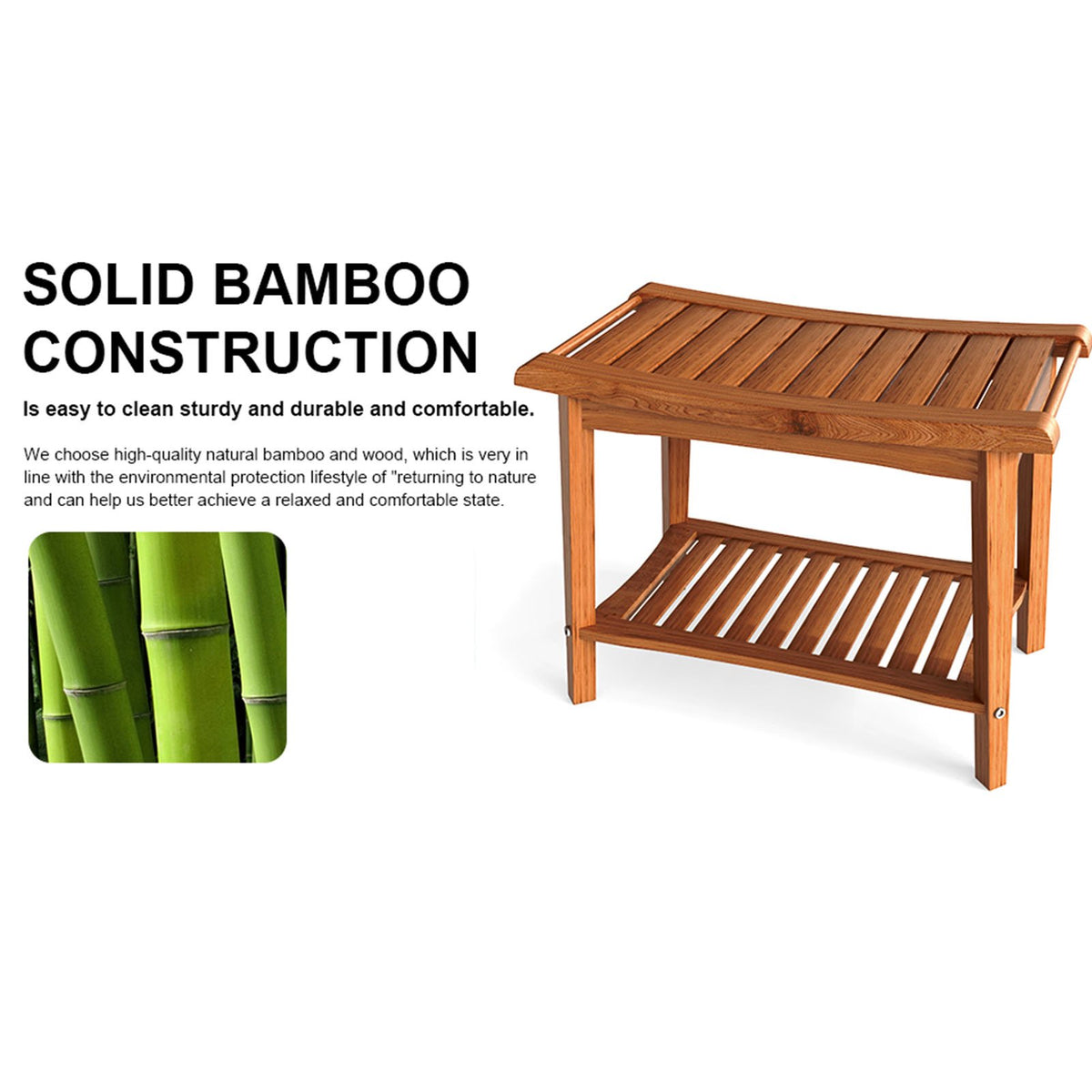 Shower Bench, Wood Shower Stool with Handle & Storage Shelf for Bathroom,Bathtub