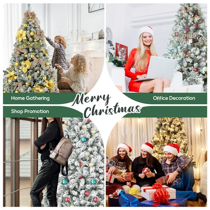 7FT Artificial Snow Flocked Christmas Tree, Unlit Artificial Christmas Pine Tree with 800 Branch Snow Tips and Metal Stand, Holiday Xmas Pine Tree for Indoor Outdoor Home Office Party Decoration