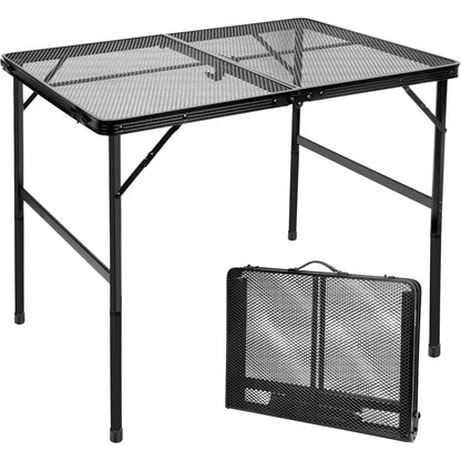 3FT Camping Folding Table with Adjustable Height(16.5"/26"), Black Metal Mesh Table with Carry Handle, Lightweight Portable Folding Grill Table for Camping Tailgating BBQ Picnic Indoor, up to 66 lbs