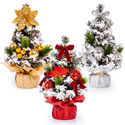 3 Pack Artificial Mini Tabletop Christmas Trees 7.9" Small Snowy Flocked Artificial Cedar Trees with Berries Ball Ornaments and Wood Bases for Home Office Holiday Table Centerpiece Mantel Decor