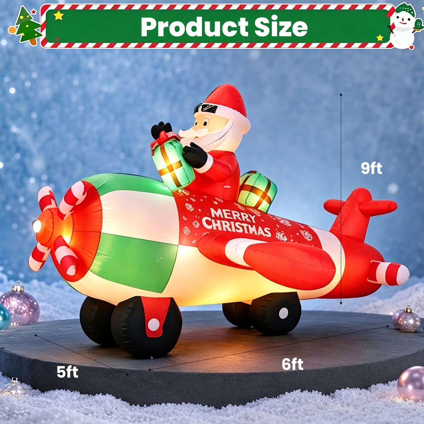 9FT Christmas Inflatables Airplane Outdoor Decorations Santa Claus on Flying Helicopter Built-in LED Lights Xmas Inflatable Blow Up Christmas Yard Decor
