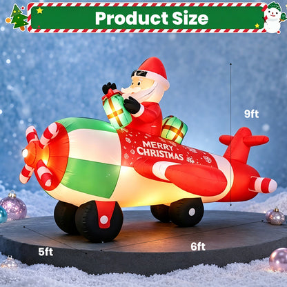 9FT Christmas Inflatables Airplane Outdoor Decorations Santa Claus on Flying Helicopter Built-in LED Lights Xmas Inflatable Blow Up Christmas Yard Decor
