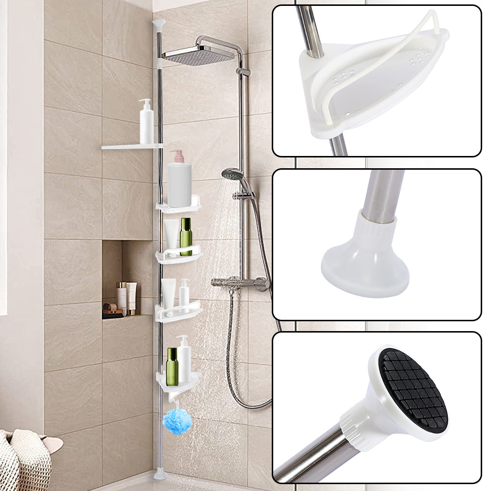 Corner Shower Caddy Tension Pole- 4-Tier Adjustable Metal Bathroom Shower Rrganizer- 3.5-10FT,White