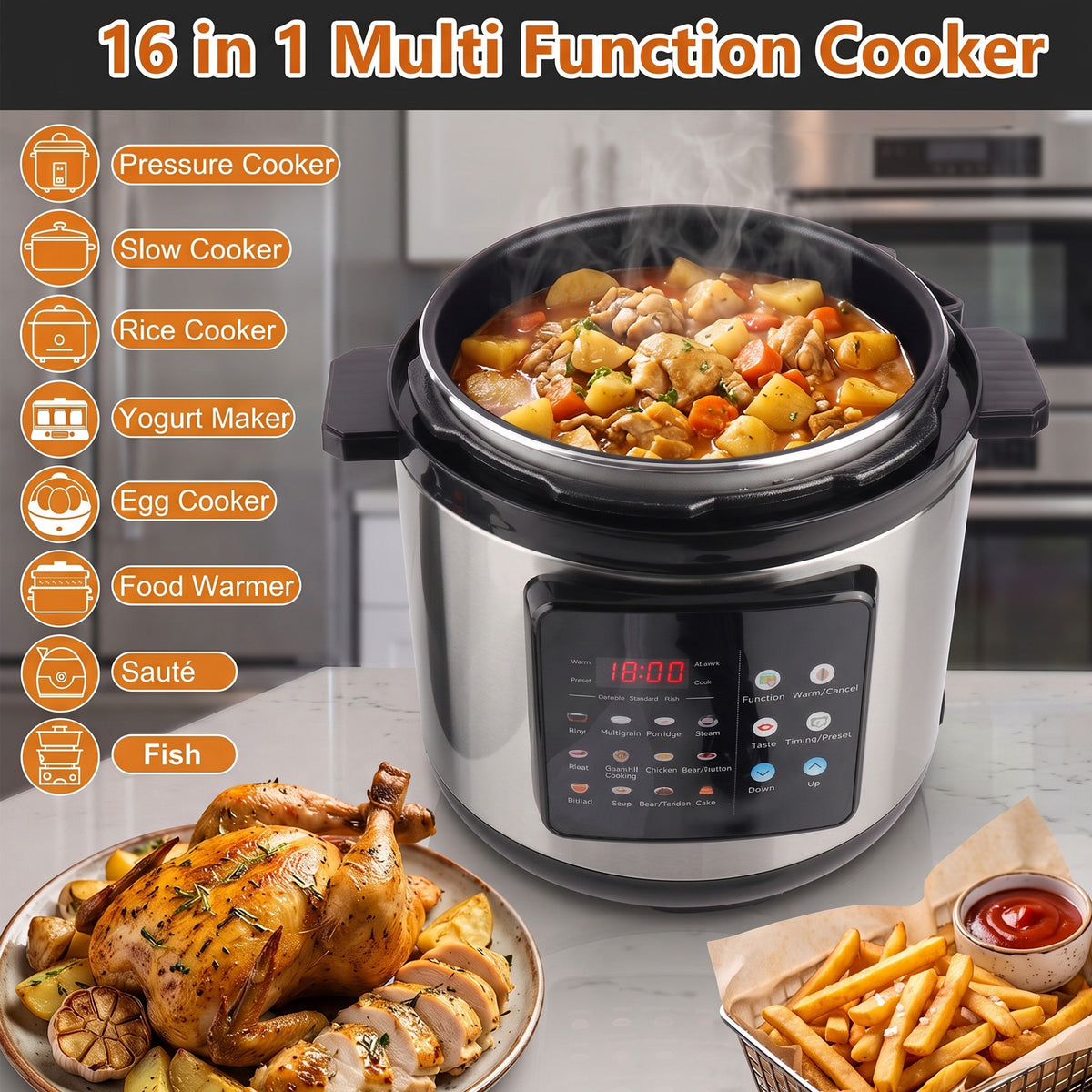 5.5QT Electric Pressure Cooker, 16-in-1 Multi Cooker Rice Cooker Slow Cooker Sauté Steamer, Stainless Steel