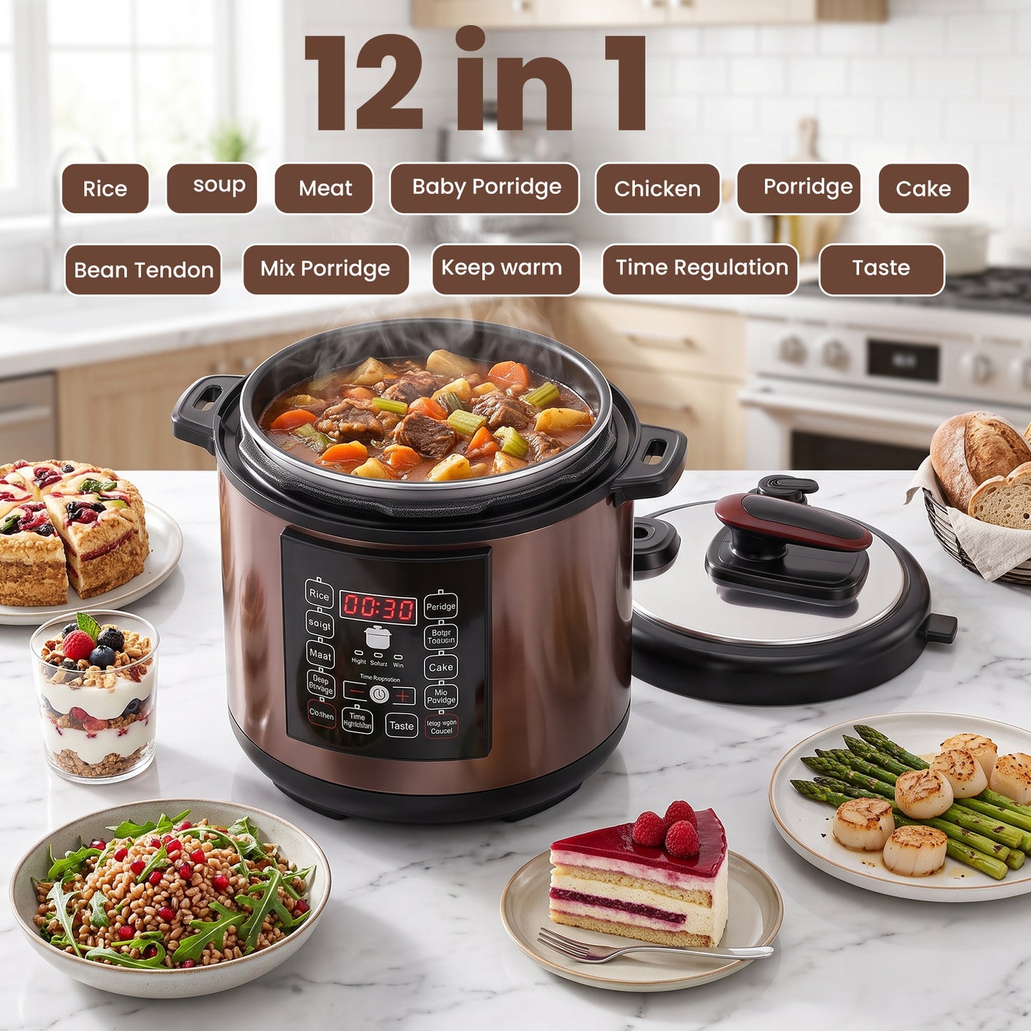 6.5 Quart 12-in-1 Electric Pressure Cooker with Multi-Function Features and Stainless Steel Pot, Gold