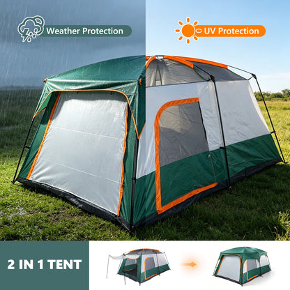 Family Camping Tent 8 Person Tent Waterproof Windproof with Divided Curtain for Separated 2 Rooms with Carry Bagfor Campng, Outdoor,Green
