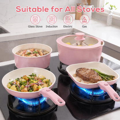 18 Piece Ceramic Pots and Pans Set Non Stick, Cookware Set with Detachable Handles, Oven Safe, Induction Ready, Stackable RV Kitchen Cooking Set, Pink