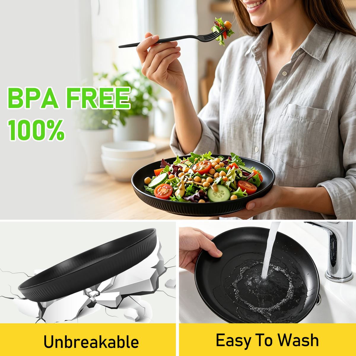 Wheat Straw Dinnerware Set, 48 Pcs Unbreakable Dinnerware Sets for 4, Dishwasher Microwave Safe, Black