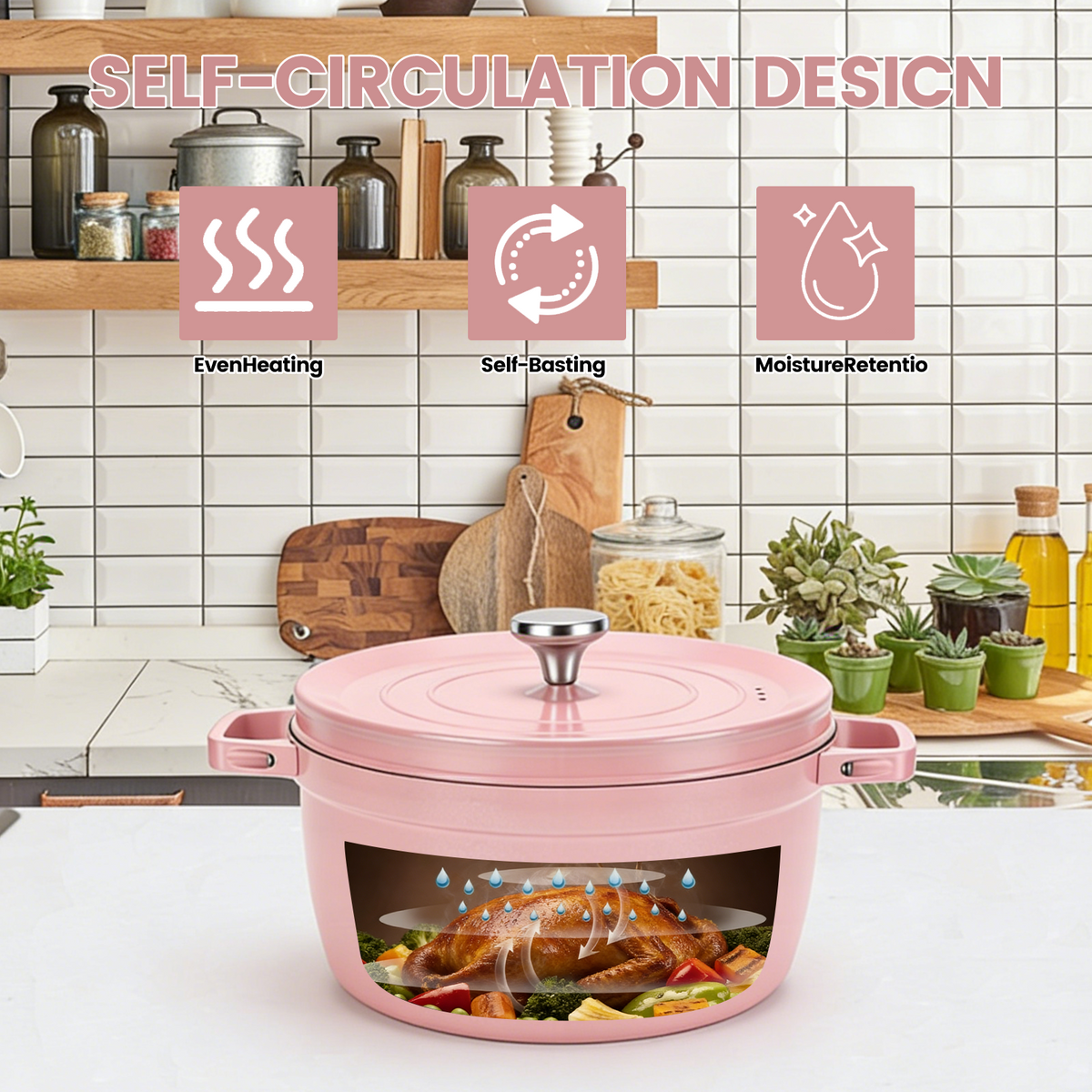 5.5 QT Enameled Cast Iron Dutch Oven Pot with Lid, Dual Handles, Non-Stick Coating for Bread Baking & Cooking, Pink