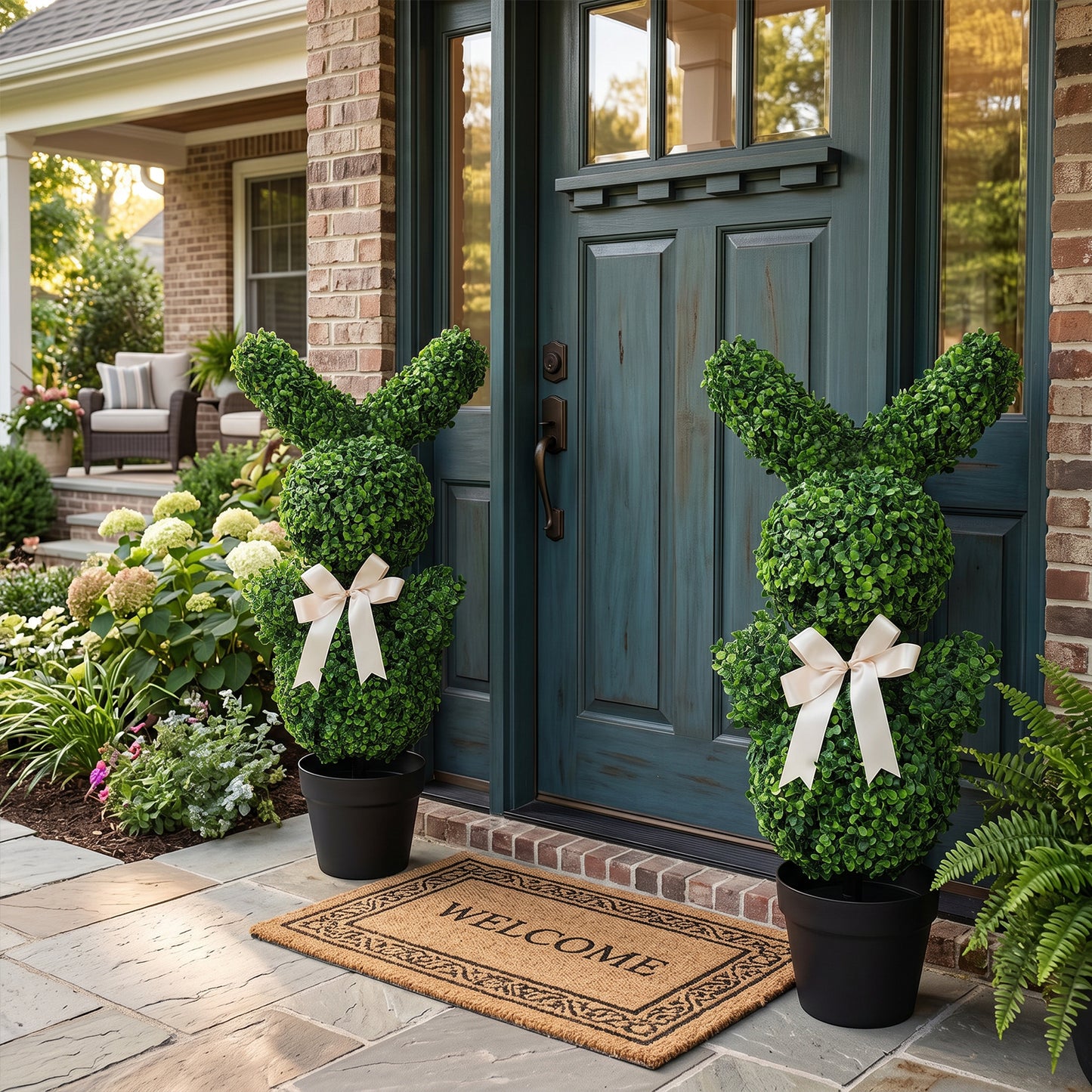 3ft Easter Shaped Topiary Trees, High Artificial Boxwood with Swaying Ears & Brown Bow Tie, for Indoor & Outdoor Decor